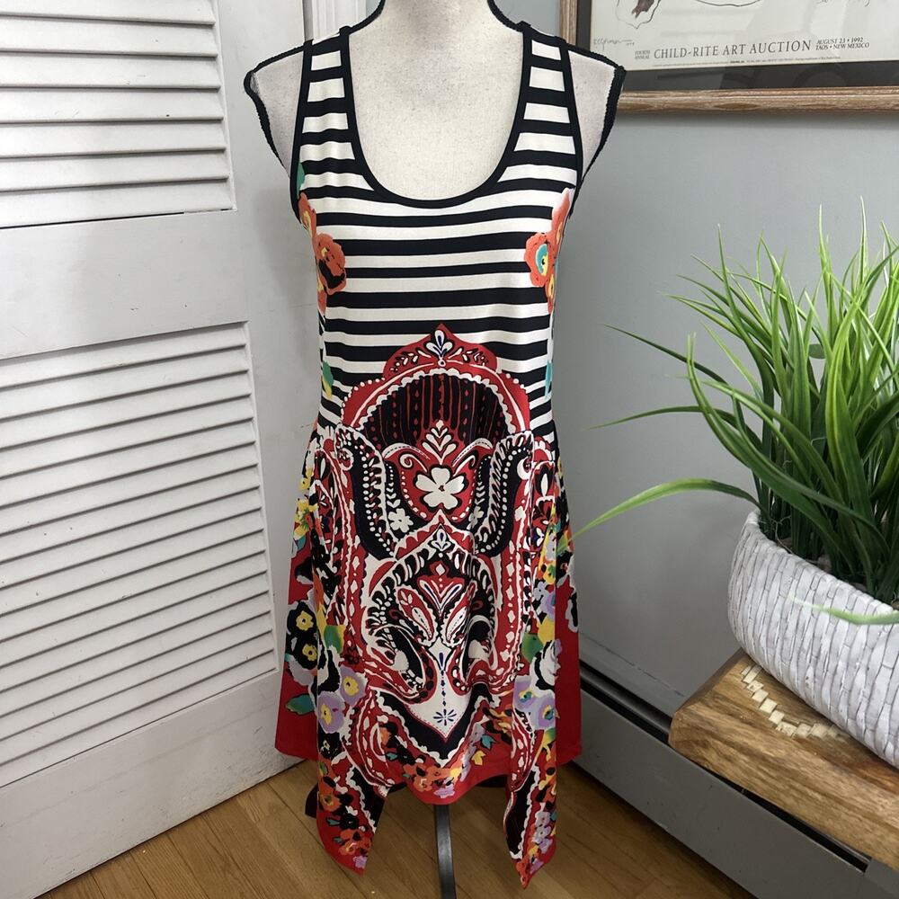 Beige by Eci Dress Womens Medium Striped Paisley Asymmetric Midi Boho Summer